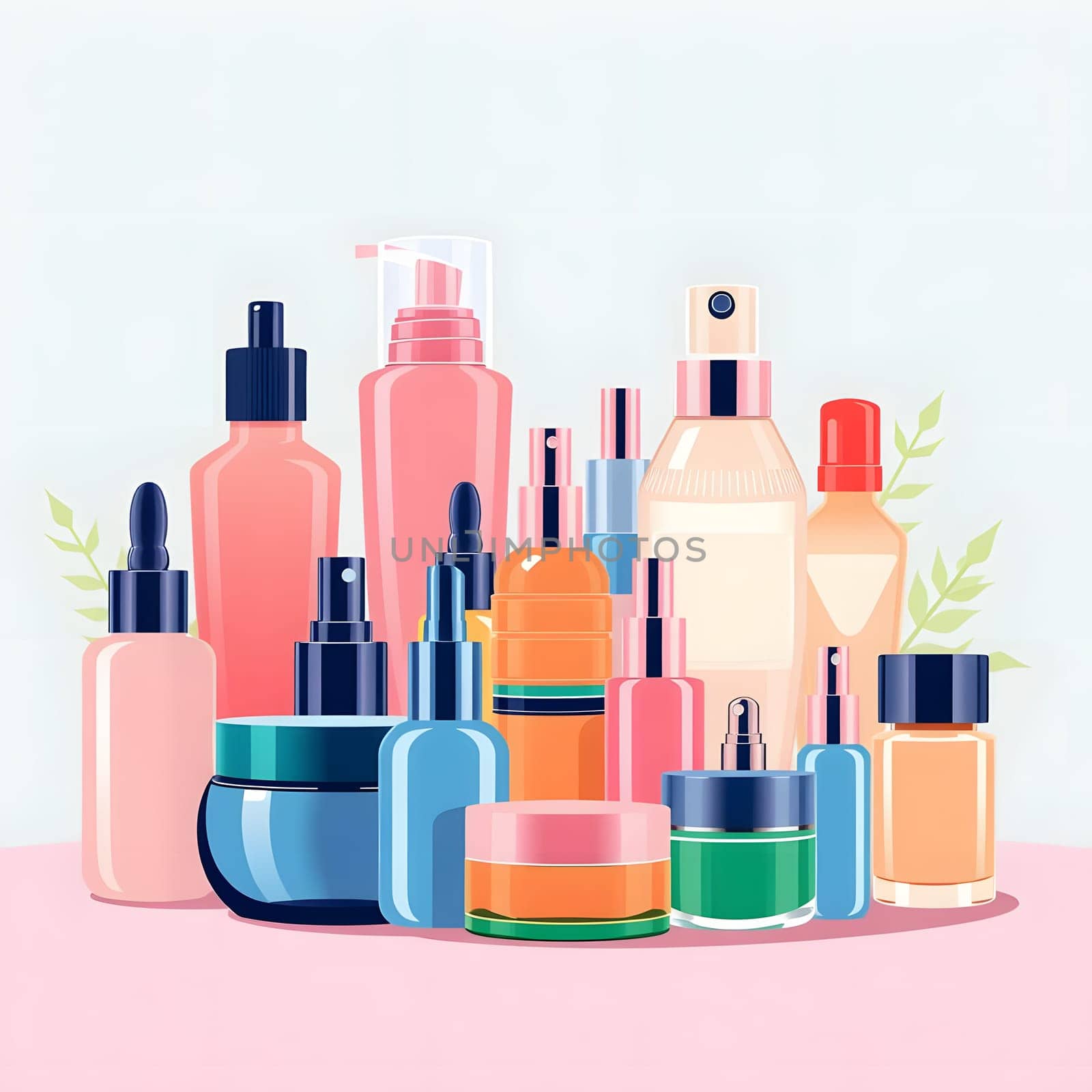 A colorful assortment of skincare and beauty products is displayed, including creams, serums, and sprays, arranged neatly on a soft pastel surface, highlighting various shapes and sizes.