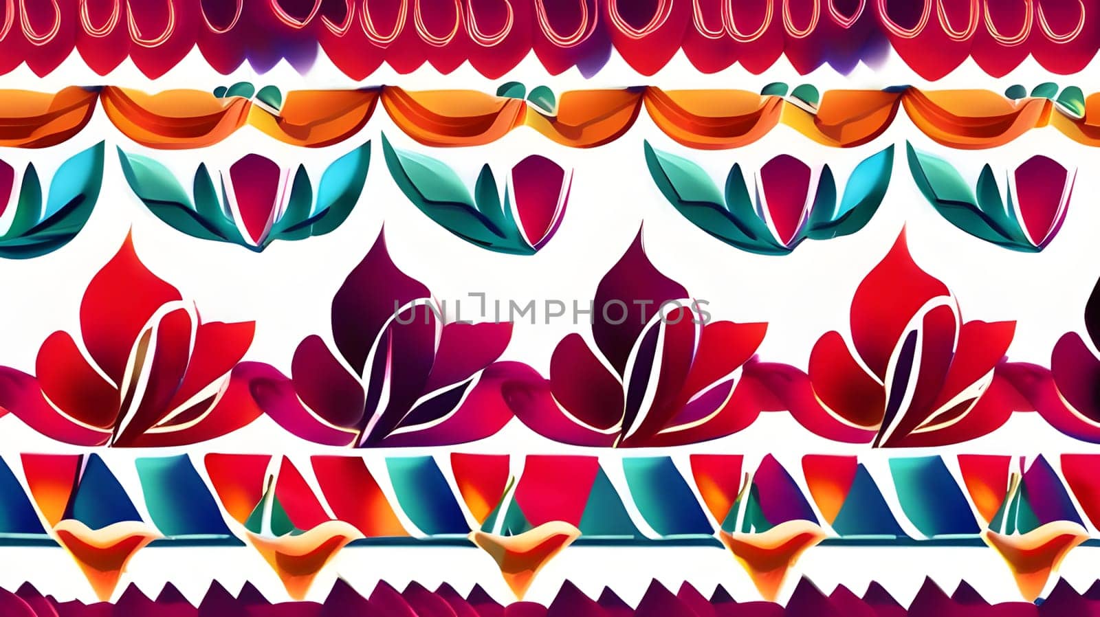 A decorative design featuring a vivid floral pattern with various colorful elements, showcasing intricate shapes and a harmonious blend of colors, perfect for textile or wallpaper applications.