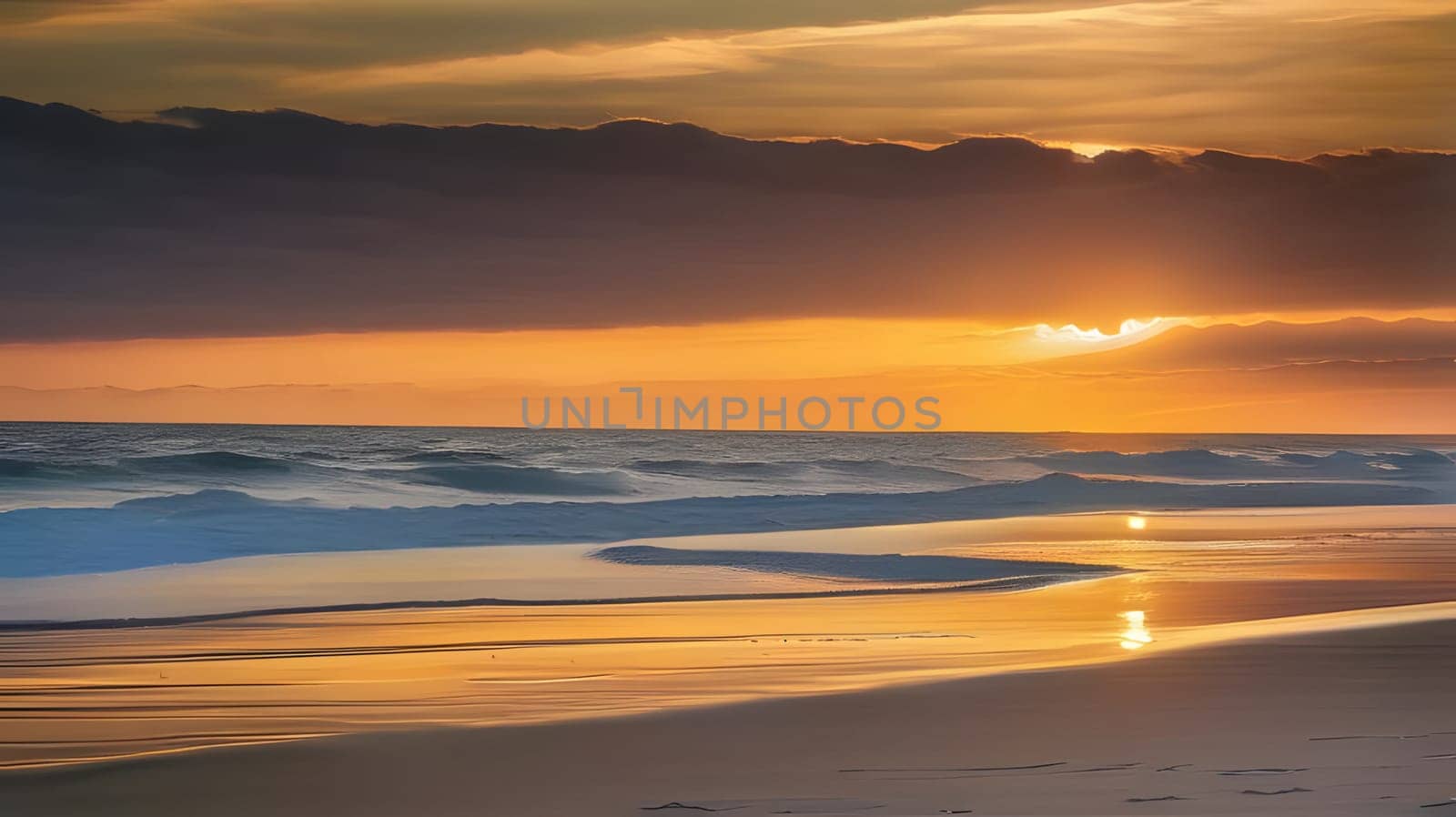 The sun sets on the horizon, casting golden hues across the ocean. Gentle waves lap at the shore while the sky transitions from bright orange to deep blue, creating a peaceful atmosphere.