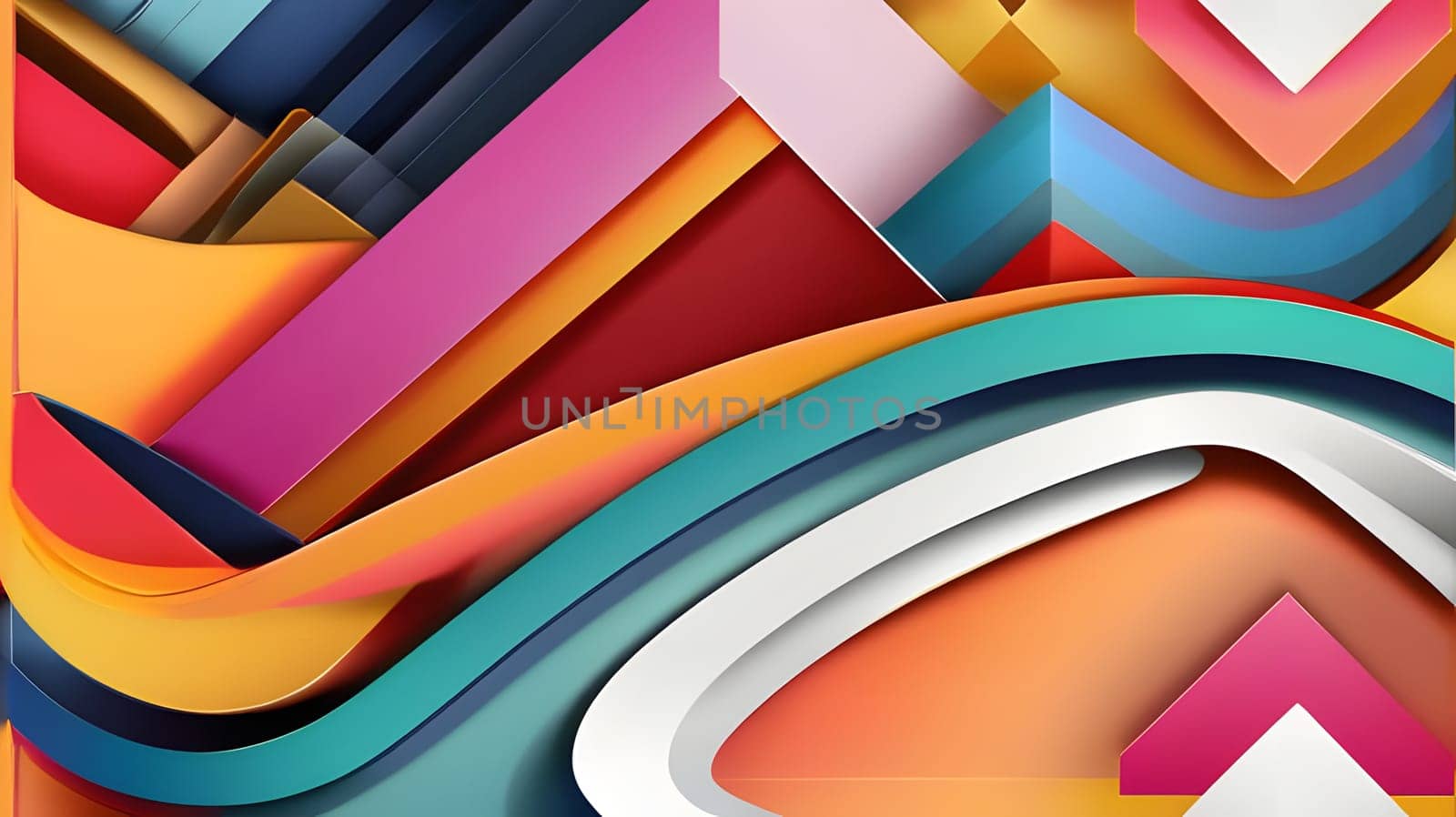 This artwork features a dynamic arrangement of layered shapes in vibrant colors, creating an eye-catching abstract composition that captivates the viewer with its depth and movement.