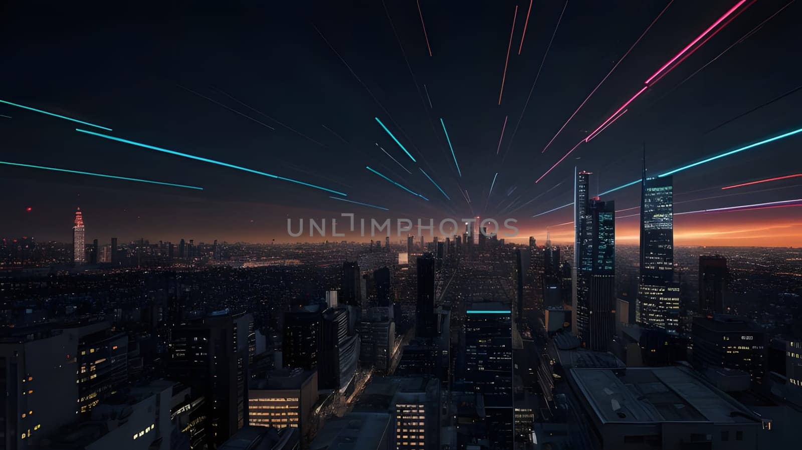 The view showcases a vibrant city skyline at dusk, featuring dynamic light trails radiating from the buildings. The backdrop highlights the busy urban landscape and glowing horizon.