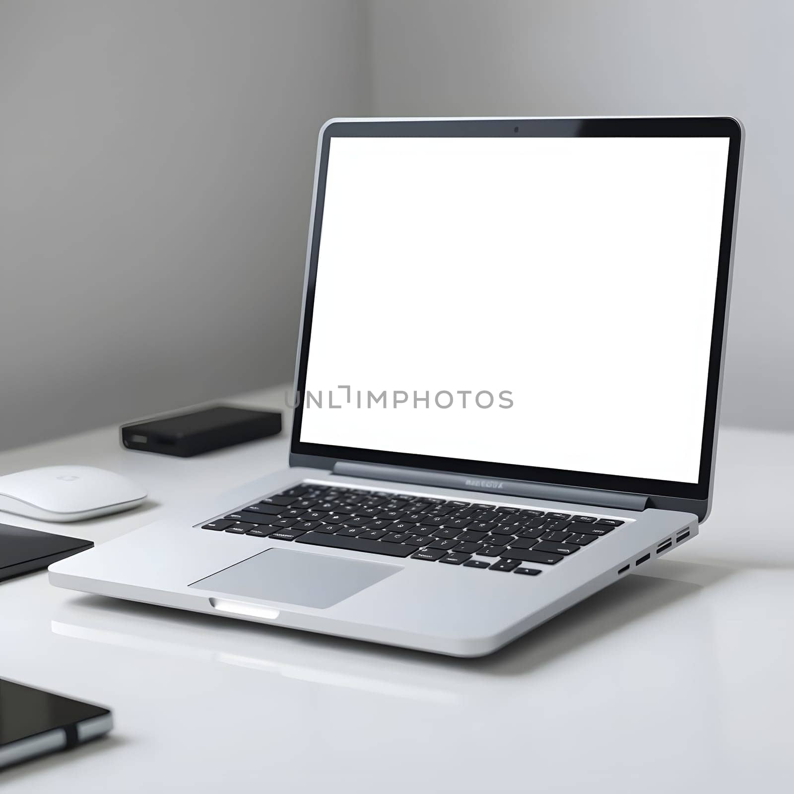 A sleek laptop rests on a minimalistic desk surrounded by other tech gadgets. The screen is blank, offering a perfect canvas for creativity in a contemporary workspace.