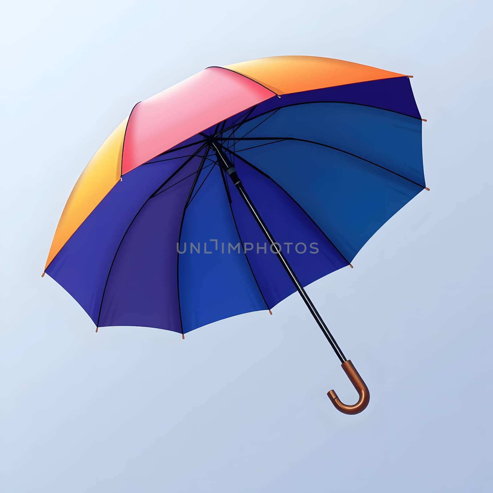 A vibrant umbrella with a mix of colors floats gently, showcasing its bright design against a light backdrop. The sunny day adds to the cheerful atmosphere of the scene.