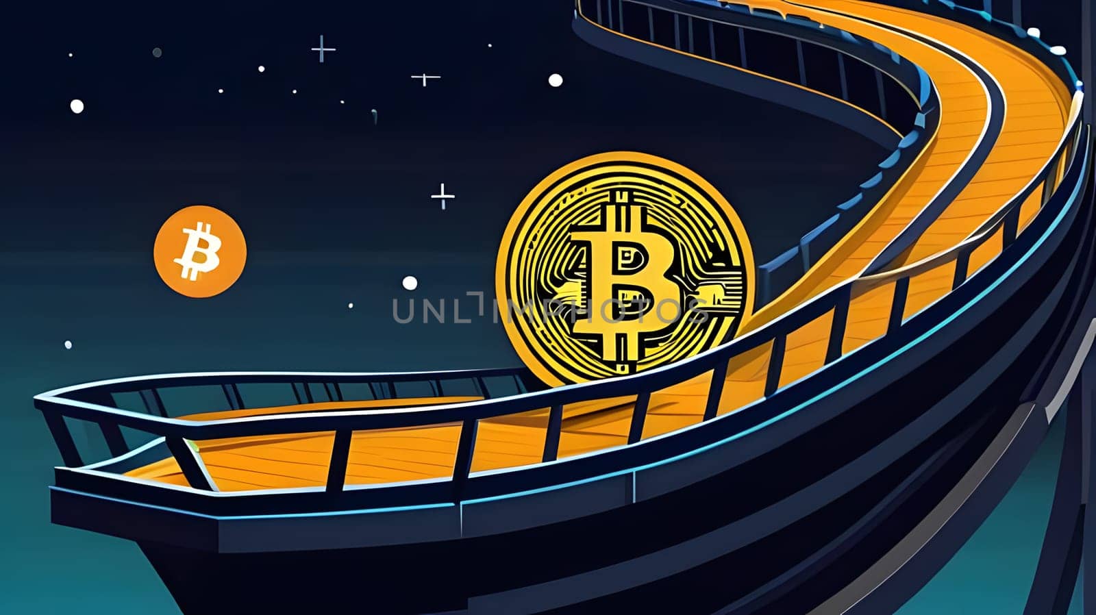 A winding path leads through a digital landscape adorned with Bitcoin symbols, showcasing the evolution and journey of cryptocurrency in a modern context.