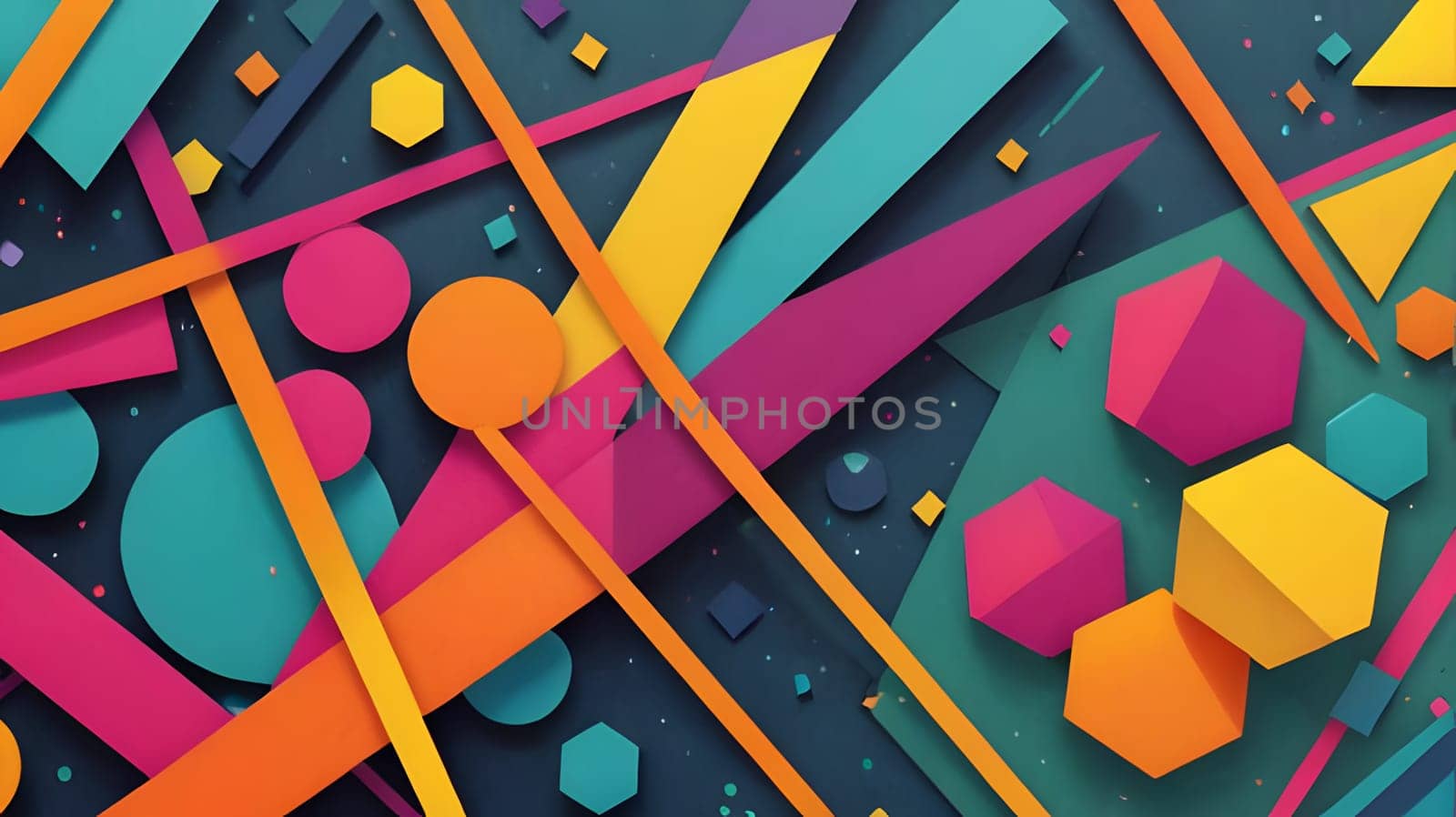 Bright and playful geometric shapes in various colors create an abstract composition. The arrangement features circles, triangles, and hexagons against a dark background, adding visual interest.