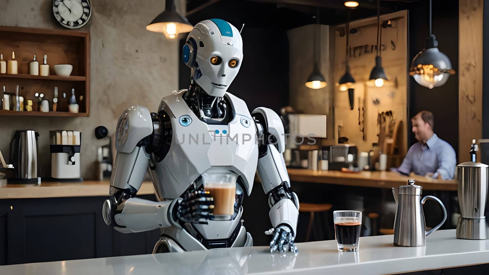 A humanoid robot stands at a bar counter in a contemporary cafe, holding a glass of iced coffee. The setting is bright, with patrons enjoying their drinks in the background.