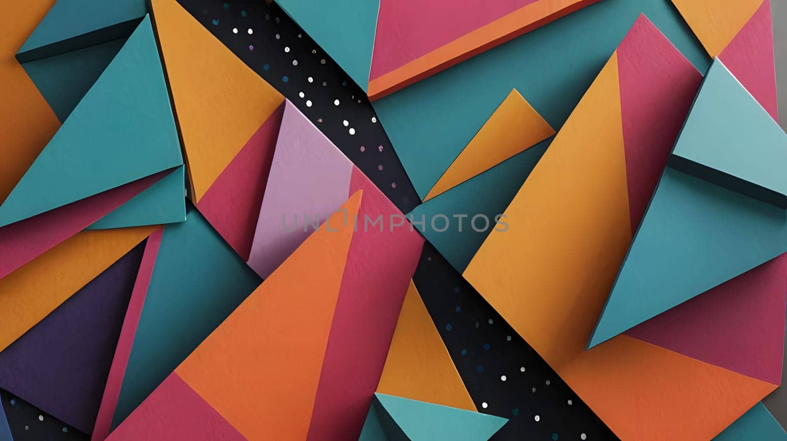 Vibrant paper shapes in various geometric forms create an abstract layout, featuring a mix of colors and patterns against a contrasting black backdrop, offering a dynamic visual experience.