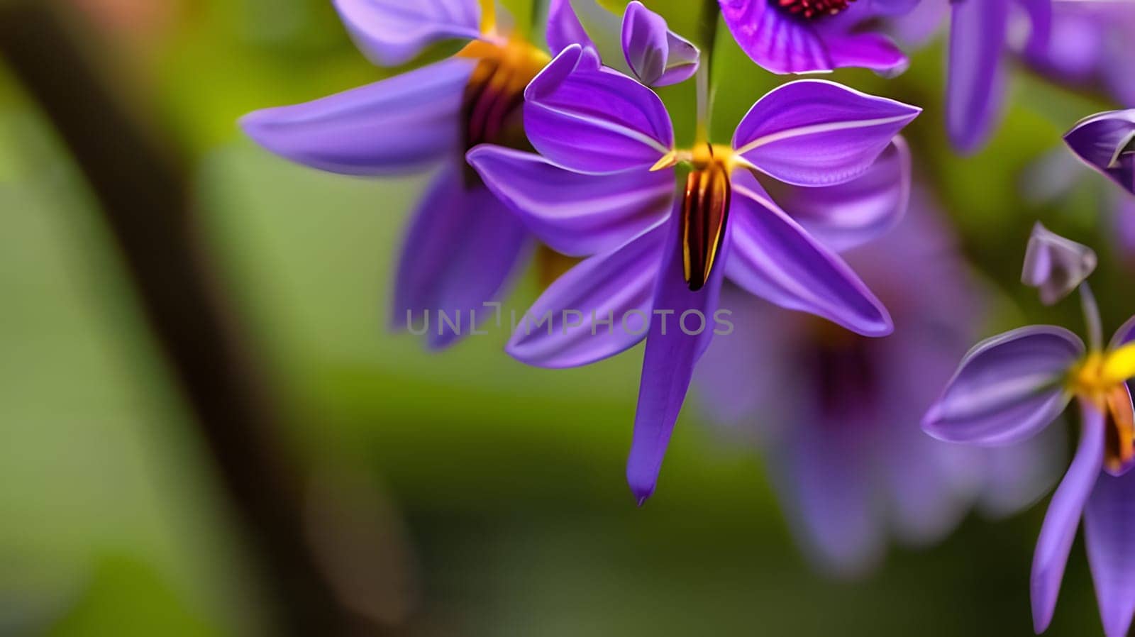 Delicate purple flowers with striking details bloom amidst lush greenery. The scene captures the essence of spring, showcasing nature's vibrant color palette and beauty in full bloom.