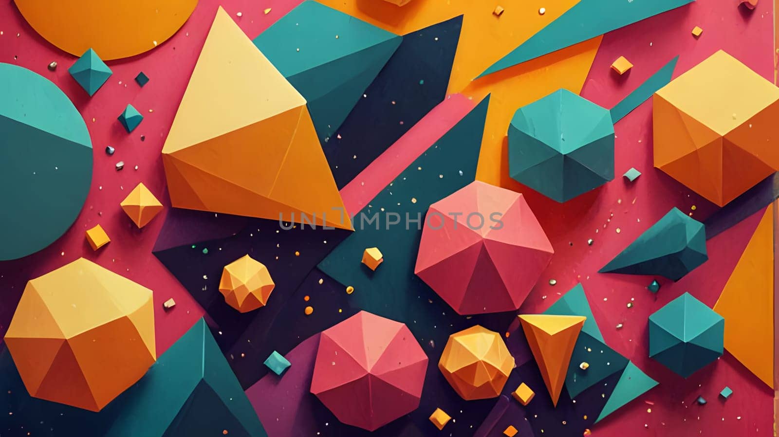 An array of colorful geometric shapes, including triangles and spheres, are artistically arranged against a vibrant backdrop. The design features various sizes and colors, creating visual interest.
