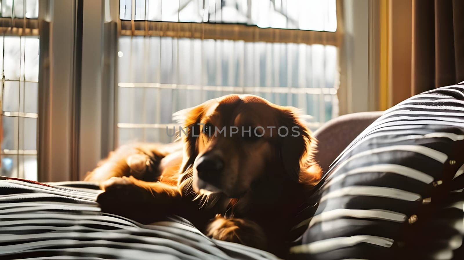 A golden retriever lounges comfortably on a striped couch, basking in the warm afternoon sunlight that streams through the window, creating a serene atmosphere.