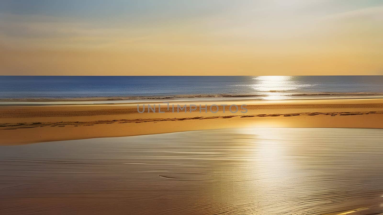 The sun sets on a tranquil beach, casting warm golden light across gentle waves. Smooth sand reflects the colors of the sky, creating a peaceful atmosphere for evening relaxation.