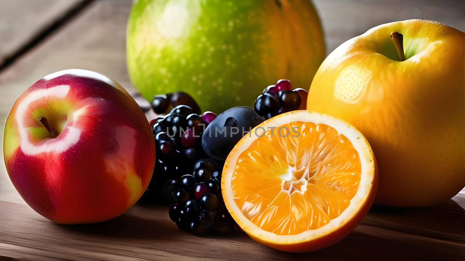 A colorful assortment of fresh fruits rests on a wooden surface, featuring apples, oranges, a green apple, and blackberries, highlighting their natural textures and rich colors.