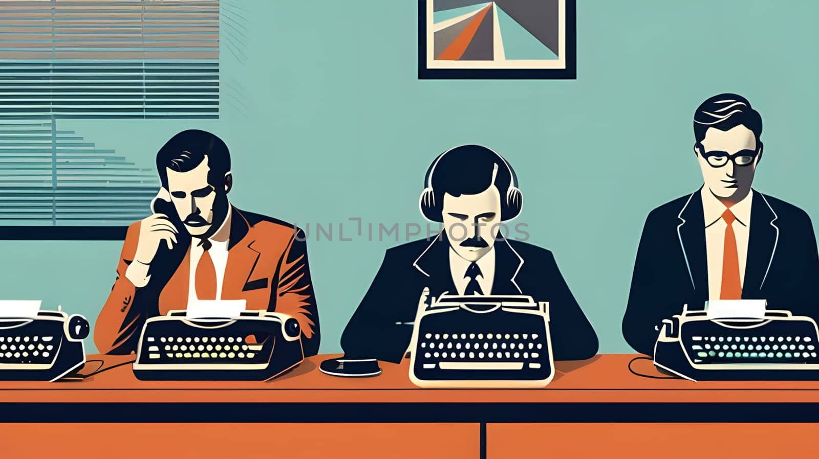 In a vibrant office, three men focus intently on typewriters while engaging in various tasks, including a phone call, creating a dynamic and productive atmosphere.