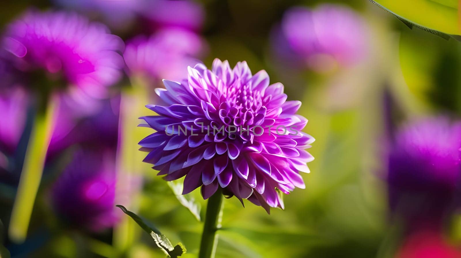 A stunning purple dahlia showcases its intricate petals in a lush garden under the warm glow of late afternoon sunlight, surrounded by soft green foliage that enhances its beauty.