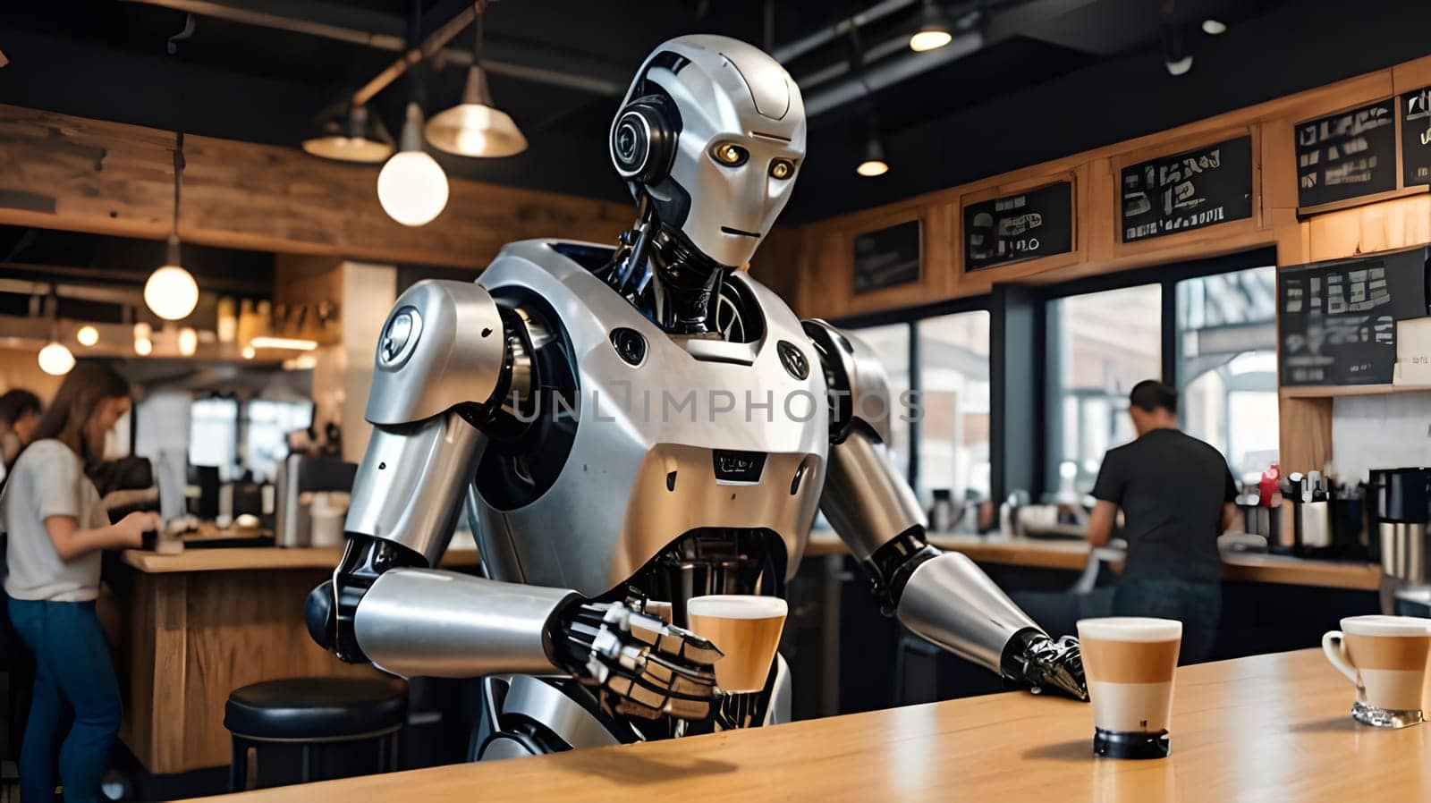 A humanoid robot stands at a wooden counter in a contemporary cafe, preparing to serve two cups of coffee to customers. The atmosphere is lively and warm, filled with natural light.