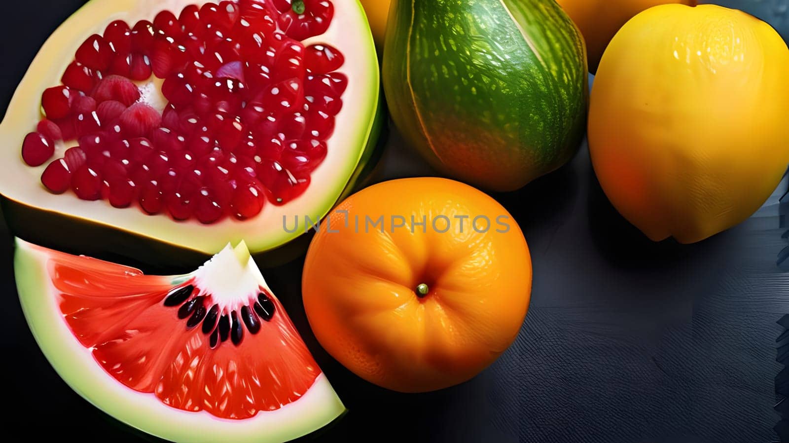 An assortment of tropical fruits, including pomegranate, grapefruit, orange, and avocado, is beautifully displayed on a dark surface, showcasing their rich colors and textures.