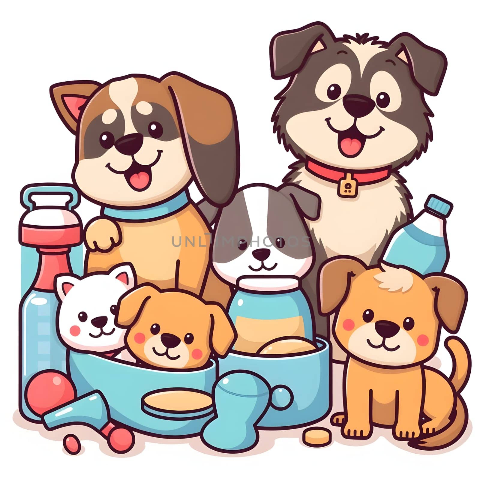 Several adorable cartoon puppies and kittens surround colorful bowls and bottles, creating a cheerful atmosphere. Their playful expressions highlight their excitement about mealtime and fun.