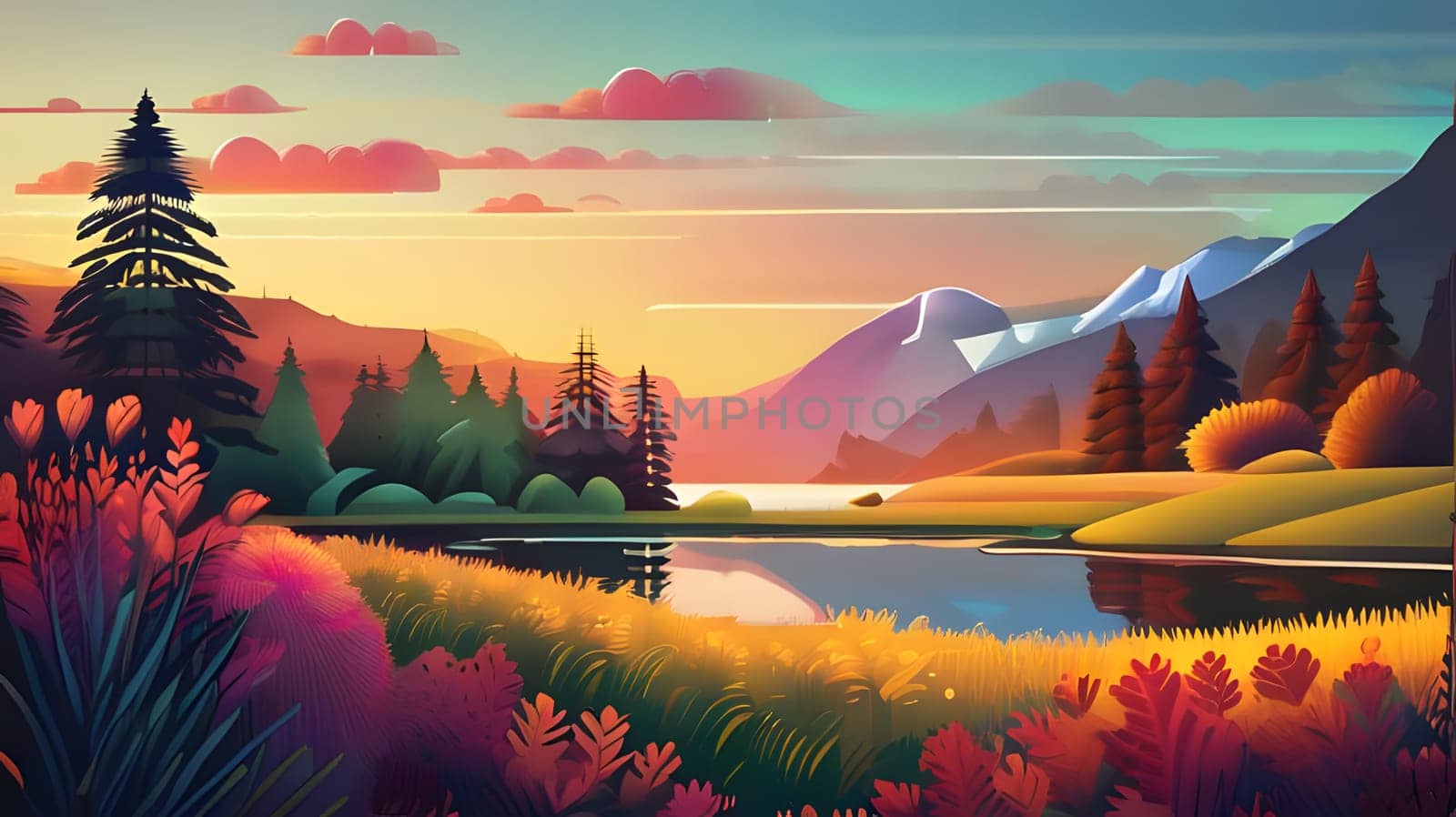 Lush foliage and vibrant autumn colors surround a serene lake reflecting the sunset. Majestic mountains form a backdrop, with trees elegantly framing the peaceful scene.