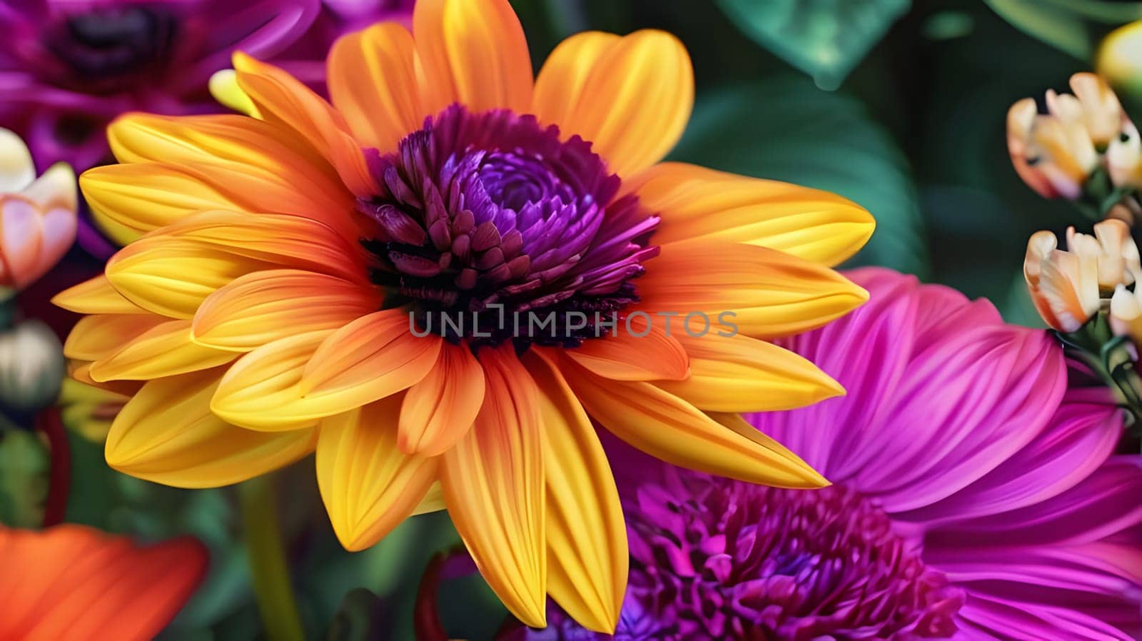 A cluster of colorful daisies showcases stunning orange and purple petals, thriving in a lush garden during the vibrant spring season, radiating beauty and freshness.