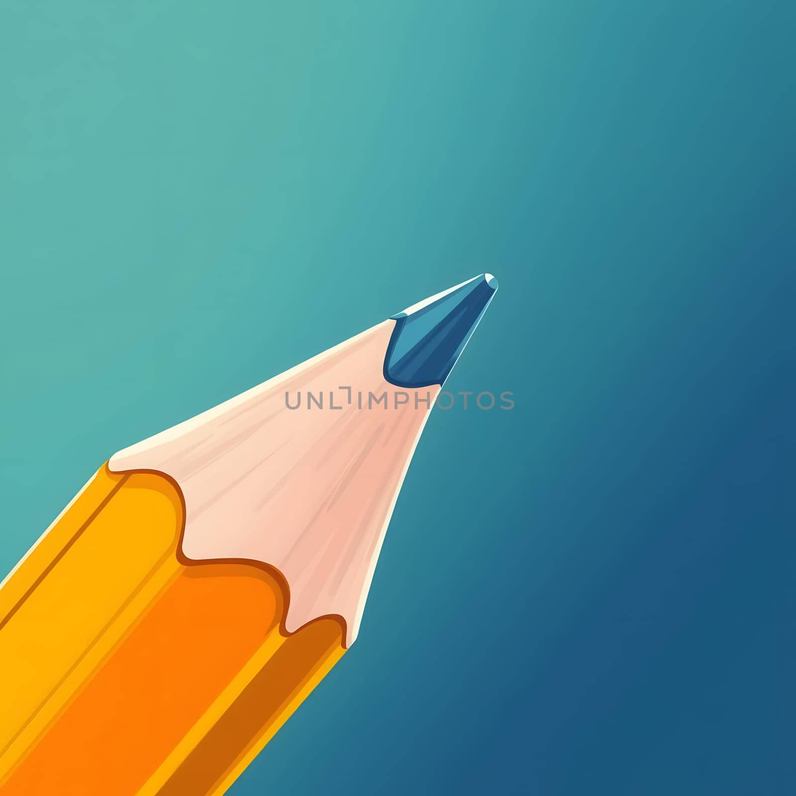 A detailed view of a sharpened yellow pencil, highlighting its wooden texture and blue graphite tip. The background features a smooth blue gradient, emphasizing the pencil's design.