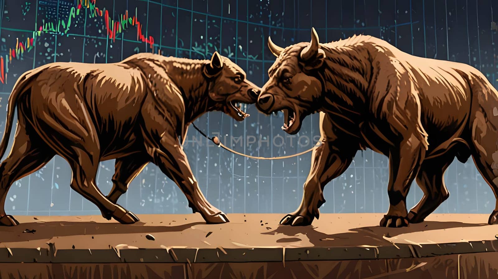 A dramatic representation of a bull and a bear facing off captures the fierce competition between rising and falling markets. The setting reflects the intensity of financial trading environments.