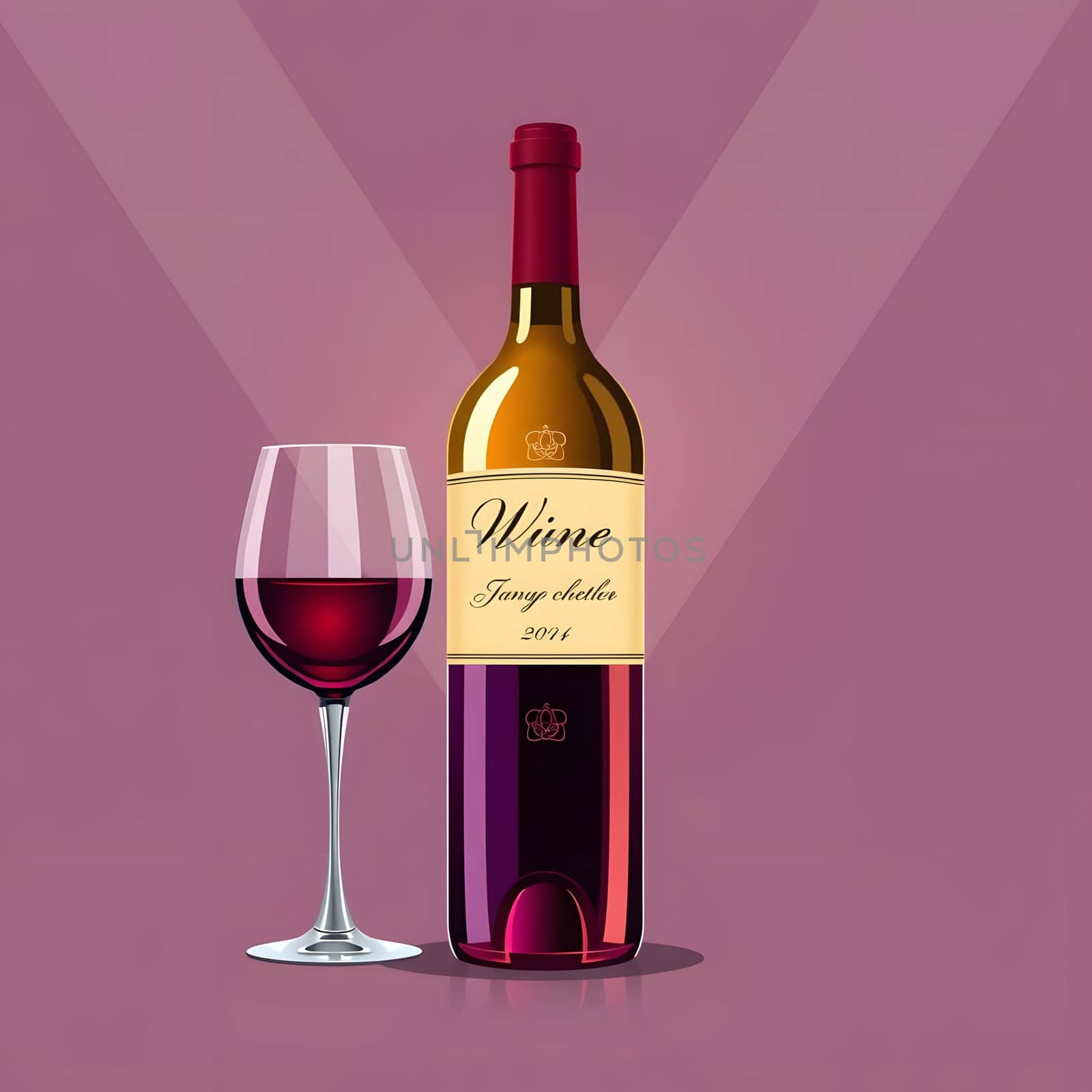 A beautifully arranged wine bottle and glass present a deep red vintage. The glass captures the light while the bottle stands prominently, reflecting a sophisticated ambiance perfect for a gathering.