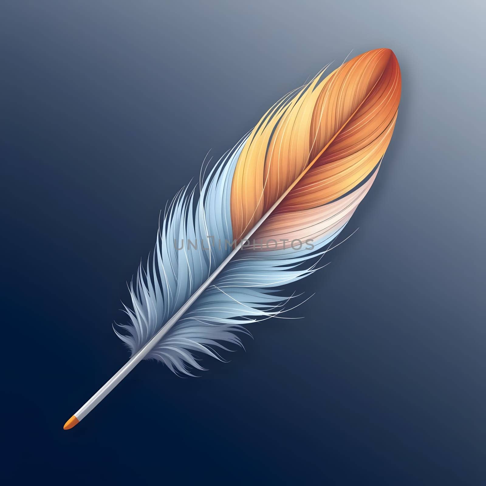 A beautifully detailed feather displays vibrant blue and orange colors, softly contrasting with the dark background, highlighting its delicate structure and natural beauty.