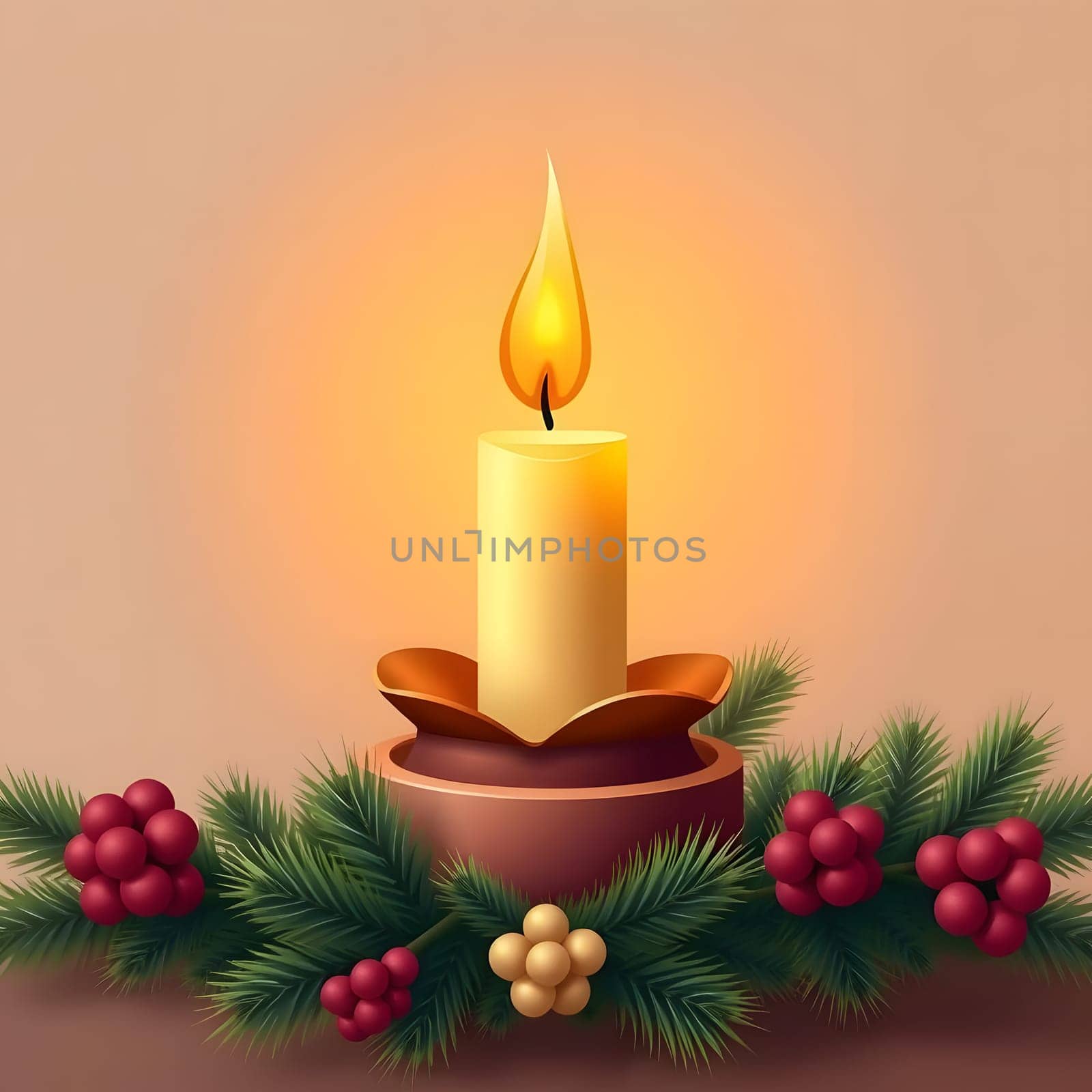 A golden candle radiates warmth, perched on a decorative holder with a soft glow. Lush greenery and vibrant berries add a festive touch, capturing the cozy spirit of winter evenings.