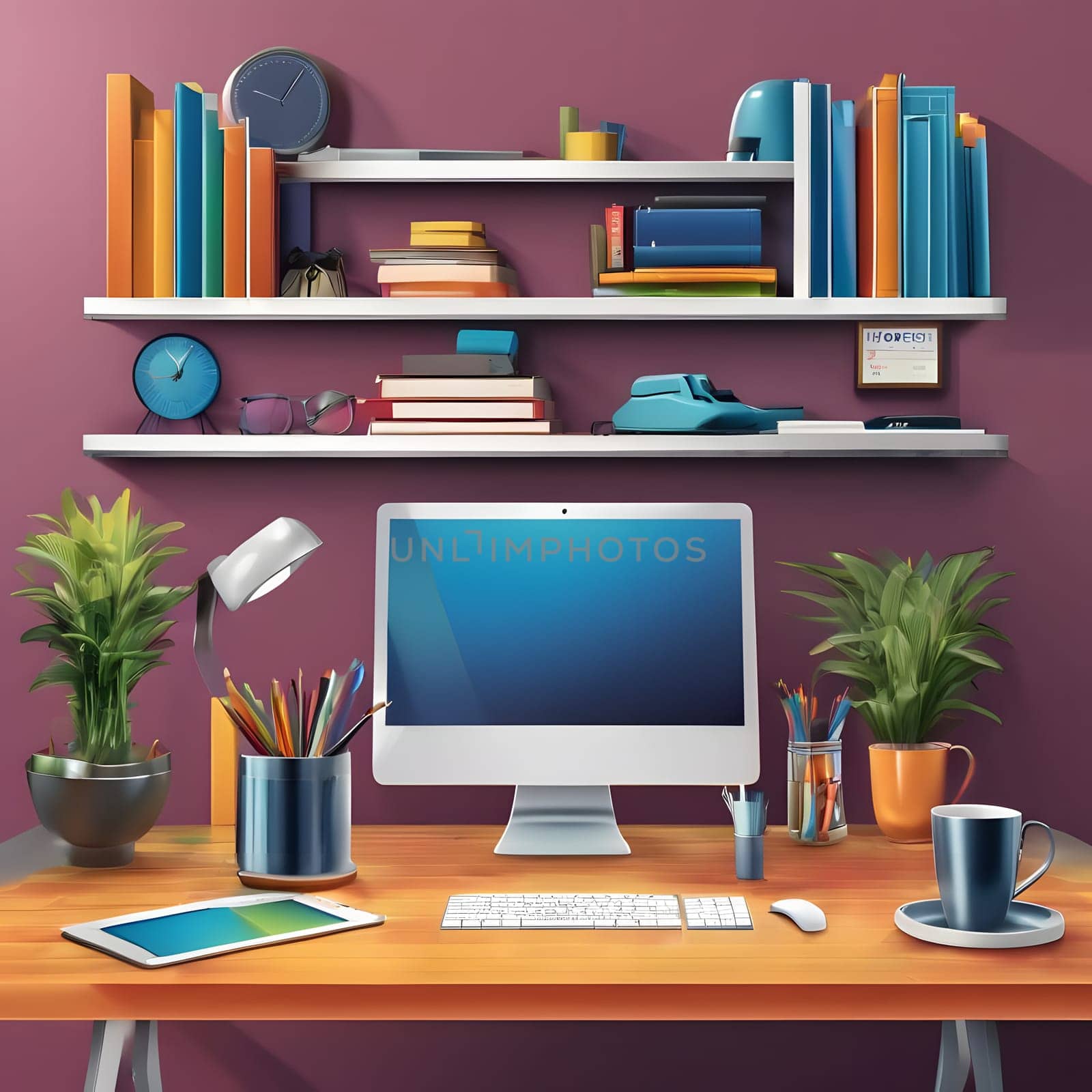 A well-organized home office features a modern computer, colorful bookshelves, and decorative plants. The desk is neat, showcasing stationery and a coffee cup, creating a vibrant working atmosphere.