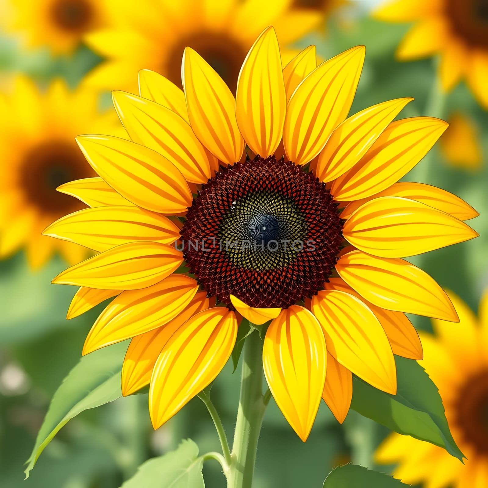 A bright sunflower stands tall with its large yellow petals surrounding a rich brown center. The backdrop features more sunflowers basking in the summer sun, creating a cheerful ambiance.