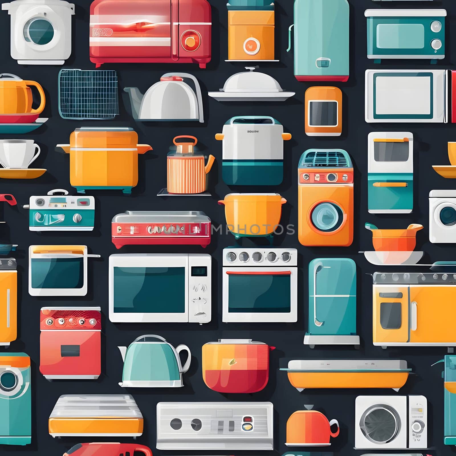 A variety of kitchen appliances in vibrant colors are organized neatly against a dark backdrop. Items include microwaves, toasters, mixing bowls, and cookware, showcasing modern home design.
