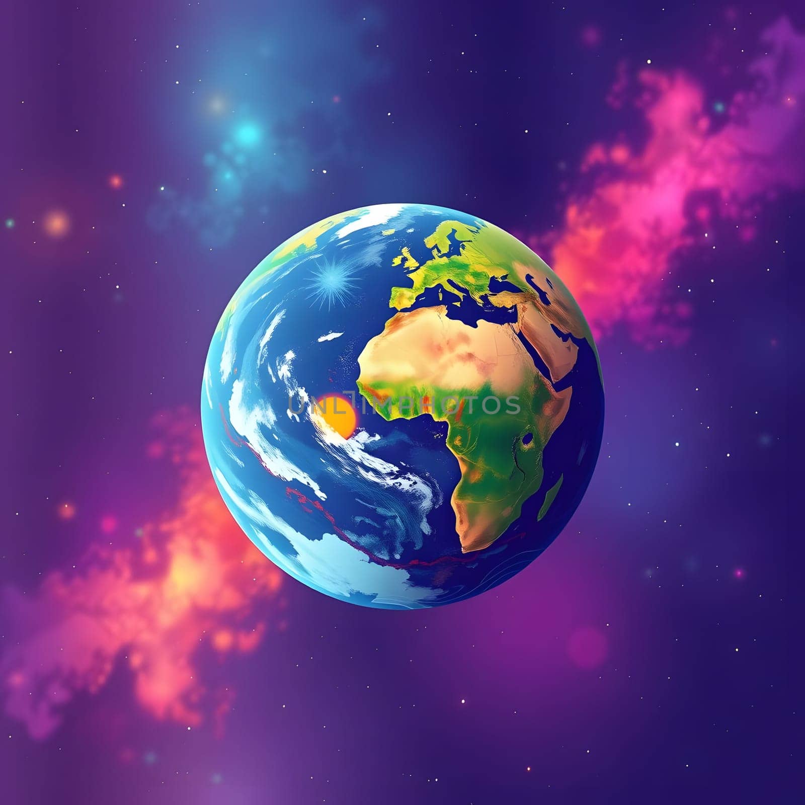 A detailed representation of Earth shows continents, blue oceans, and the sun shining, surrounded by a colorful cosmic backdrop filled with stars and galaxies, creating a stunning visual effect.