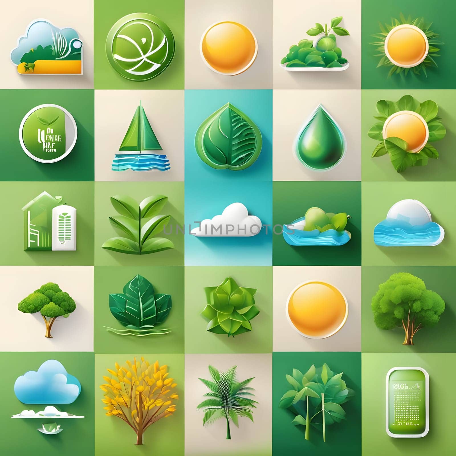 A diverse array of nature-themed icons showcases elements of sustainability, including leaves, sun, water, and trees, highlighting the importance of ecological balance and green living.