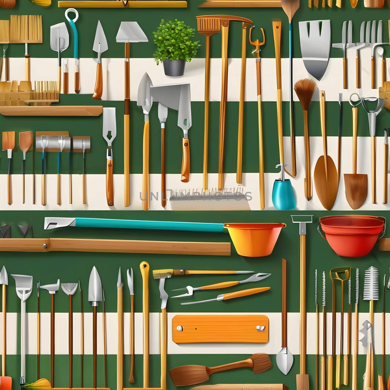 Various gardening tools, including spades, rakes, and watering cans, are neatly organized on a green and white striped background, creating a vibrant and functional display for gardening enthusiasts.