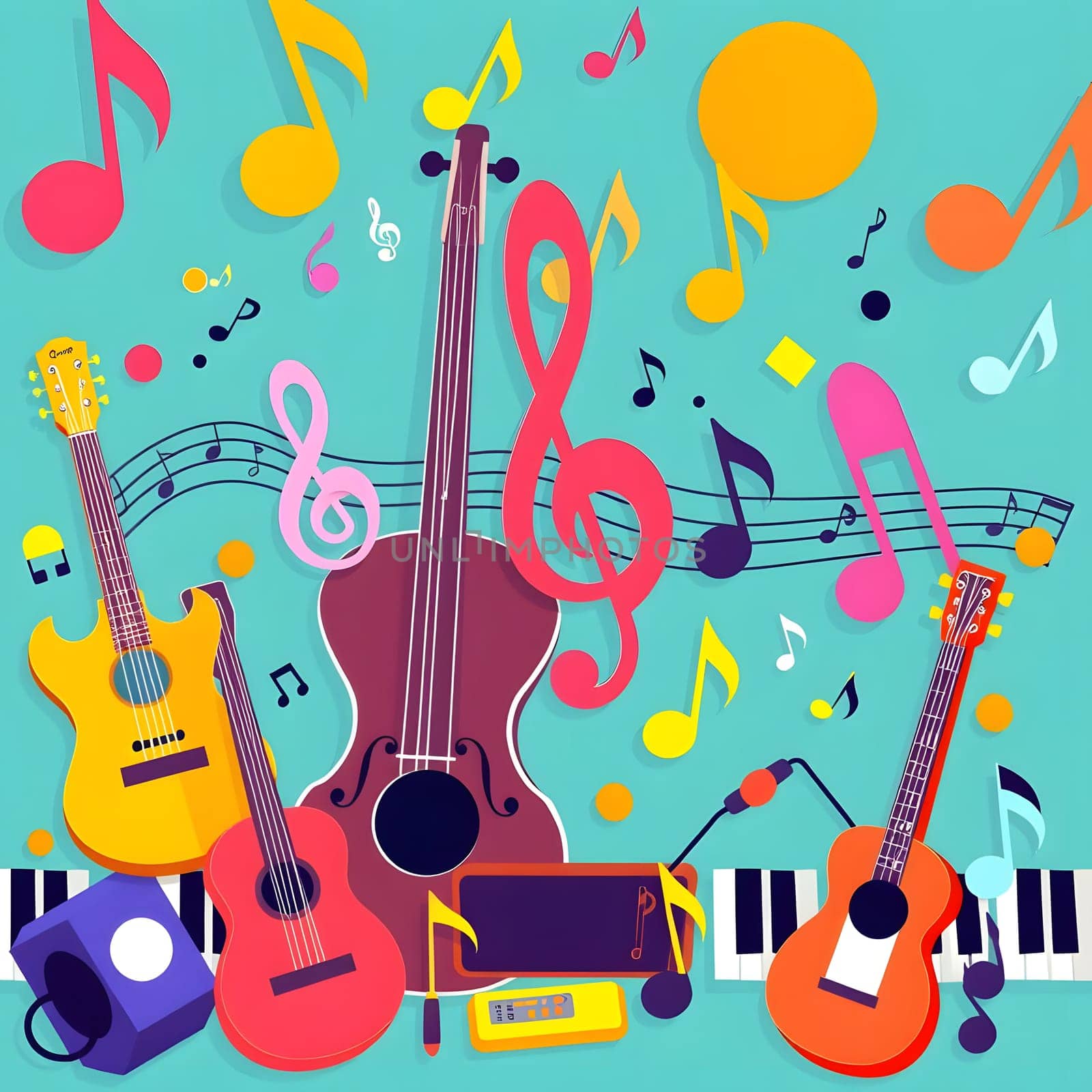 Various musical instruments including guitars, a violin, and keyboard elements are surrounded by vibrant notes and symbols, creating a lively and creative atmosphere.