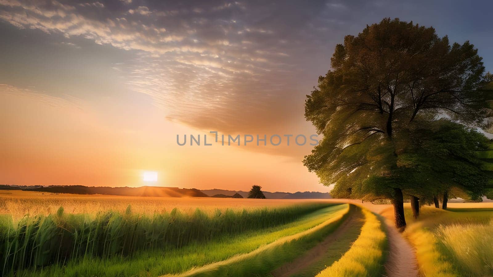 A serene rural landscape shows a golden sunset illuminating a field. A winding path runs through lush greenery, inviting viewers to enjoy the peaceful evening scenery.