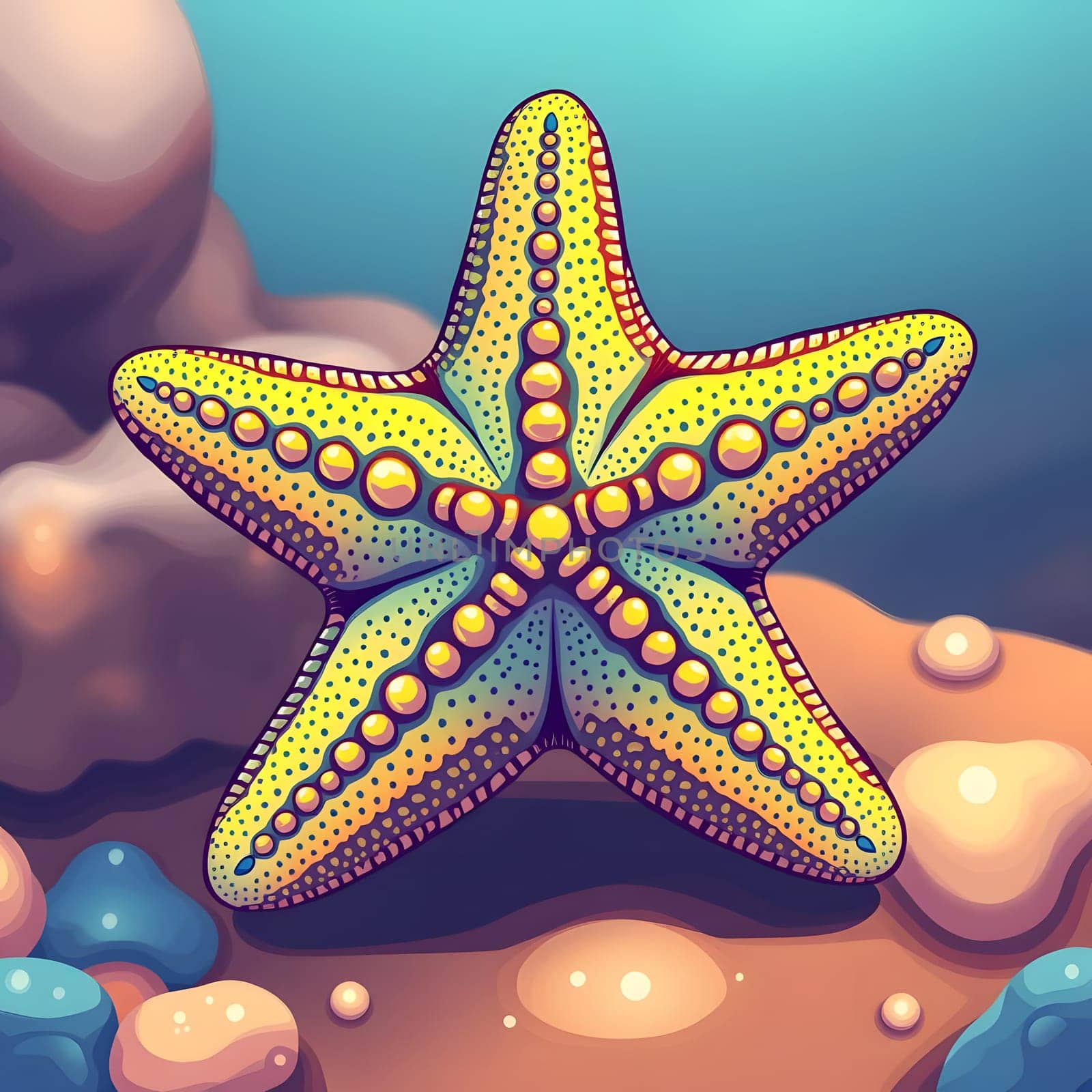 A vibrant starfish displays its striking yellow and blue colors while perched on a sandy ocean floor surrounded by colorful coral formations. Sunlight filters through the water.