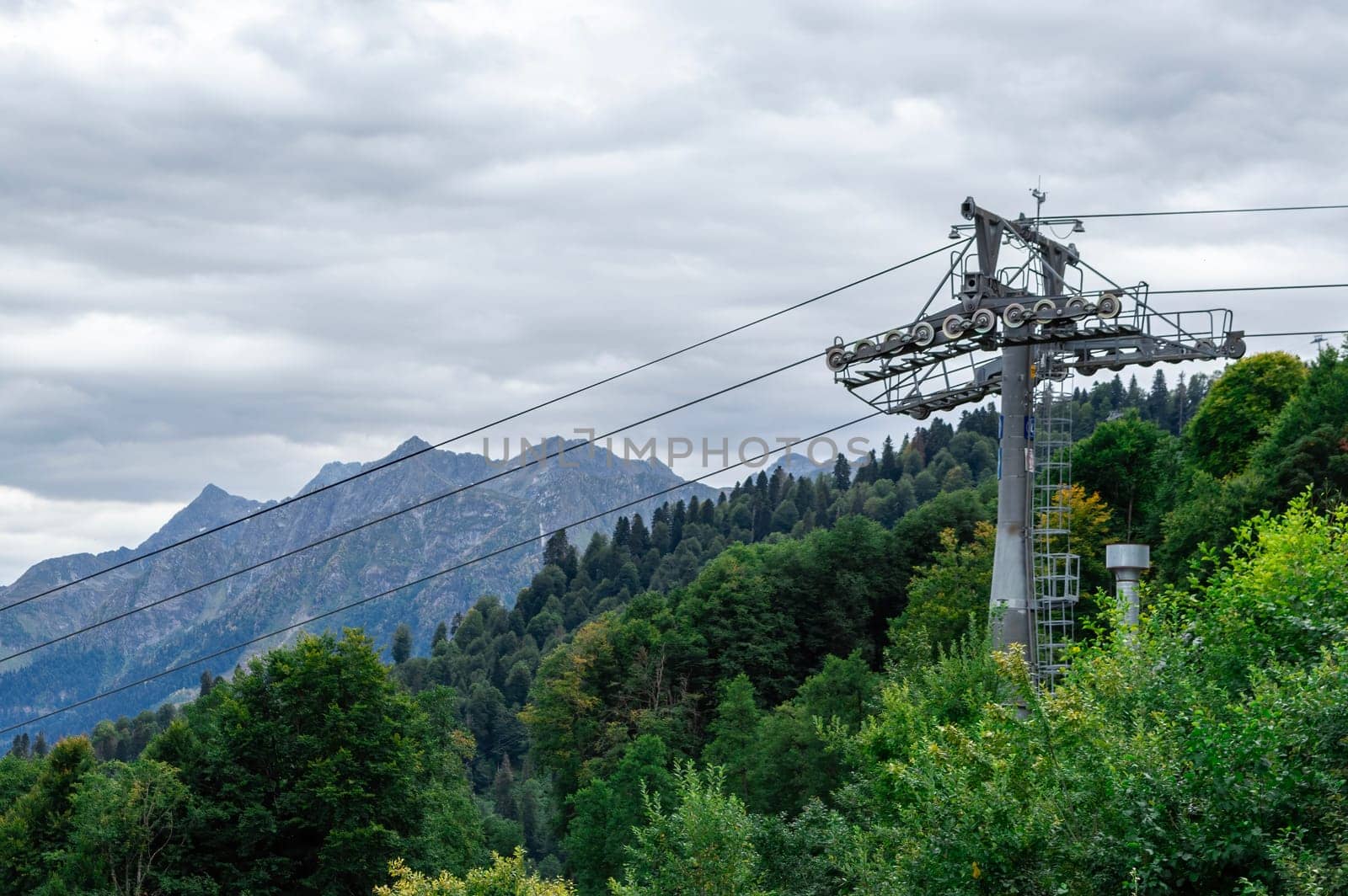 The cable car system is seen rising through a lush green landscape, with towering mountains in the background under a cloudy sky. This tranquil setting captures the beauty of nature.