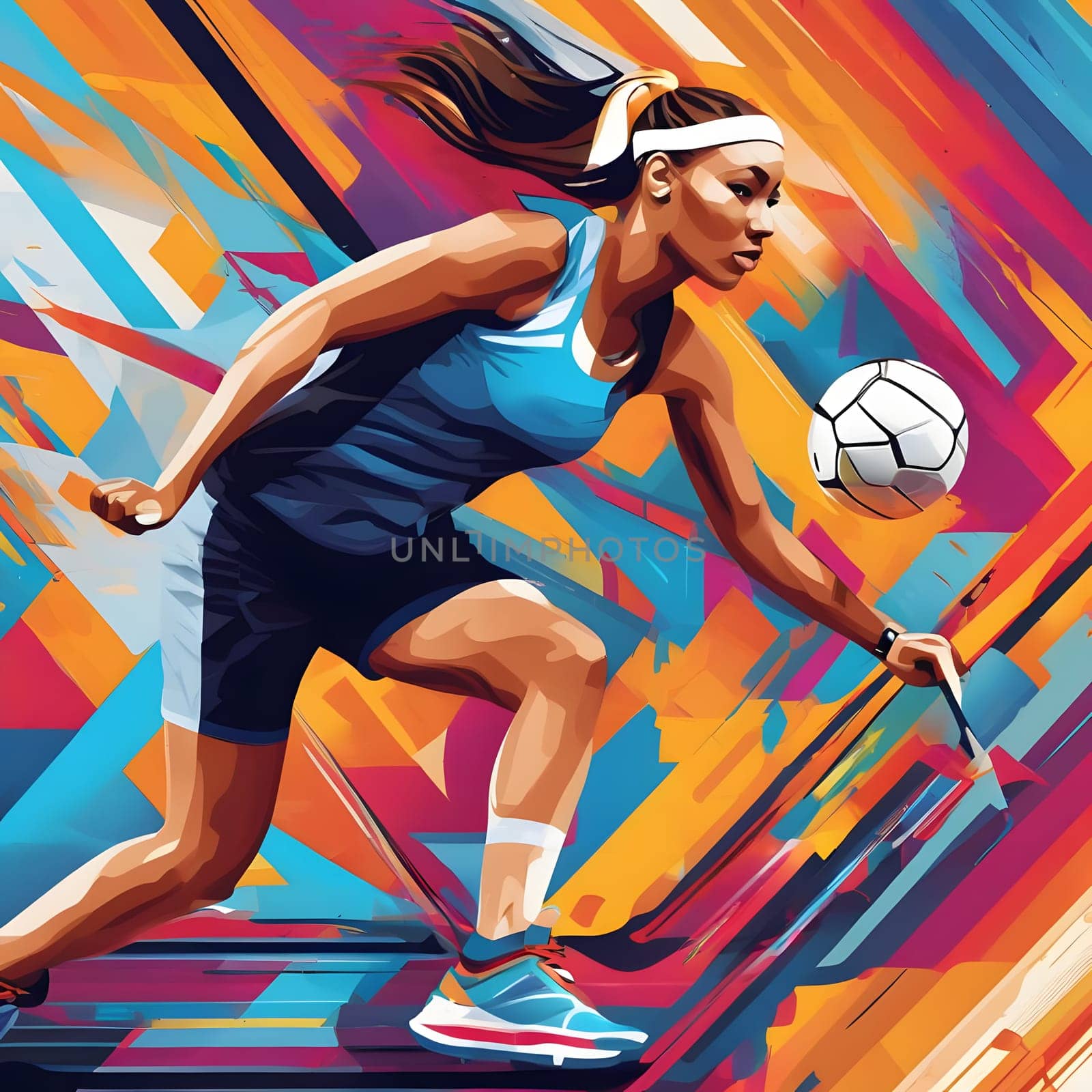 A skilled soccer player is dribbling the ball with determination. Her expression is focused, highlighting her athleticism against a colorful, abstract backdrop that enhances the action.