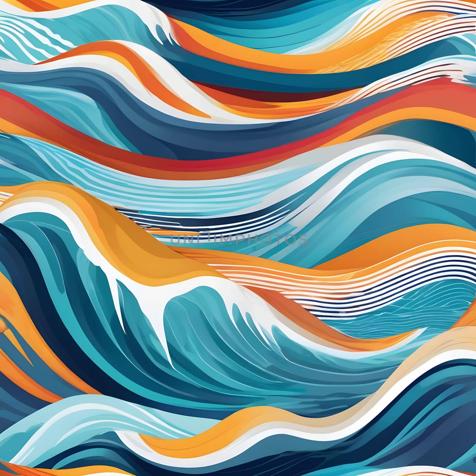 Rolling waves intertwine in a rich tapestry of colors, blending blues, oranges, and whites against a sunset backdrop. This dynamic pattern captures the movement of the sea.