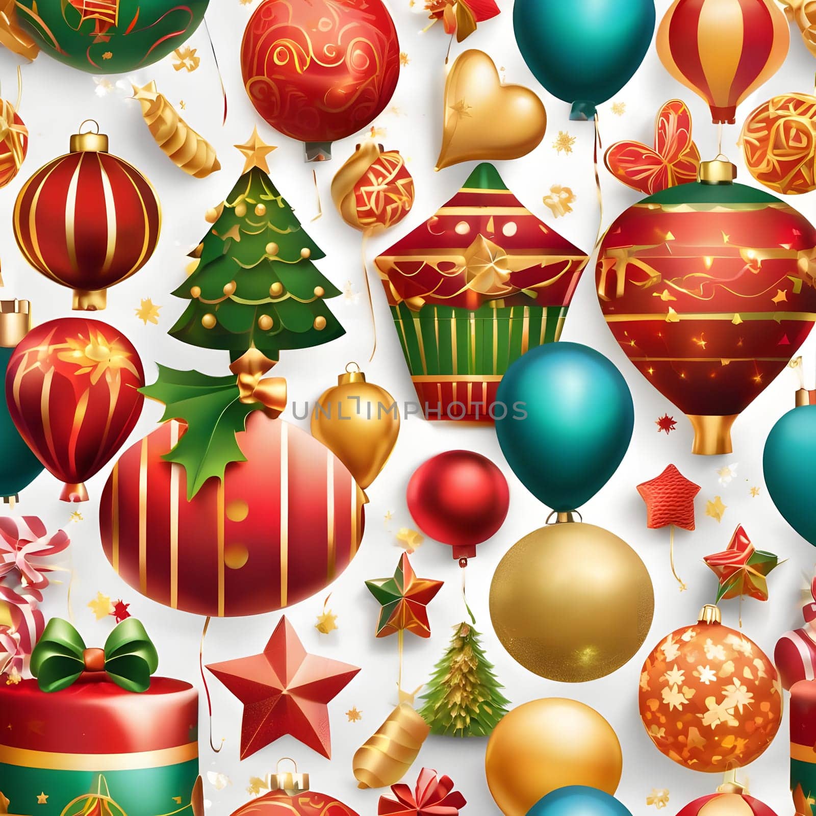 An array of vibrant Christmas decorations showcases various ornaments, festive balloons, and wrapped gifts, creating a joyful holiday atmosphere perfect for celebrations.