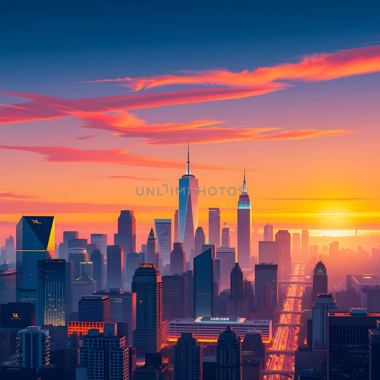 A breathtaking sunset paints the sky above New York City in shades of orange and purple while the skyline showcases iconic skyscrapers. The streets below are illuminated as the day ends.
