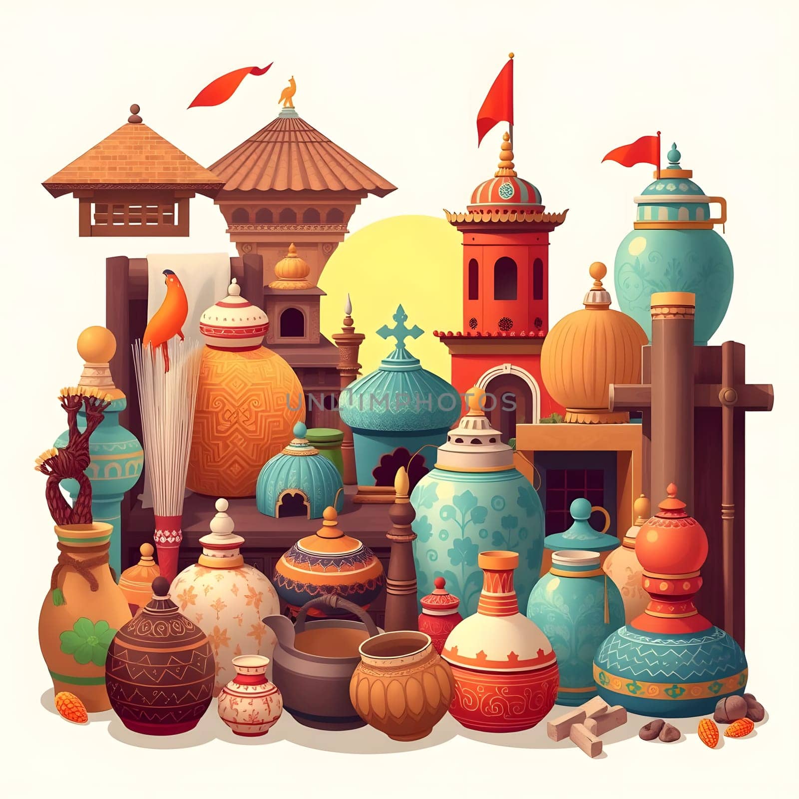 A vibrant assortment of handcrafted pottery and decorative items fills the scene, showcasing intricate designs and patterns. The warm sunset casts a golden hue, enhancing the beauty of the artifacts.