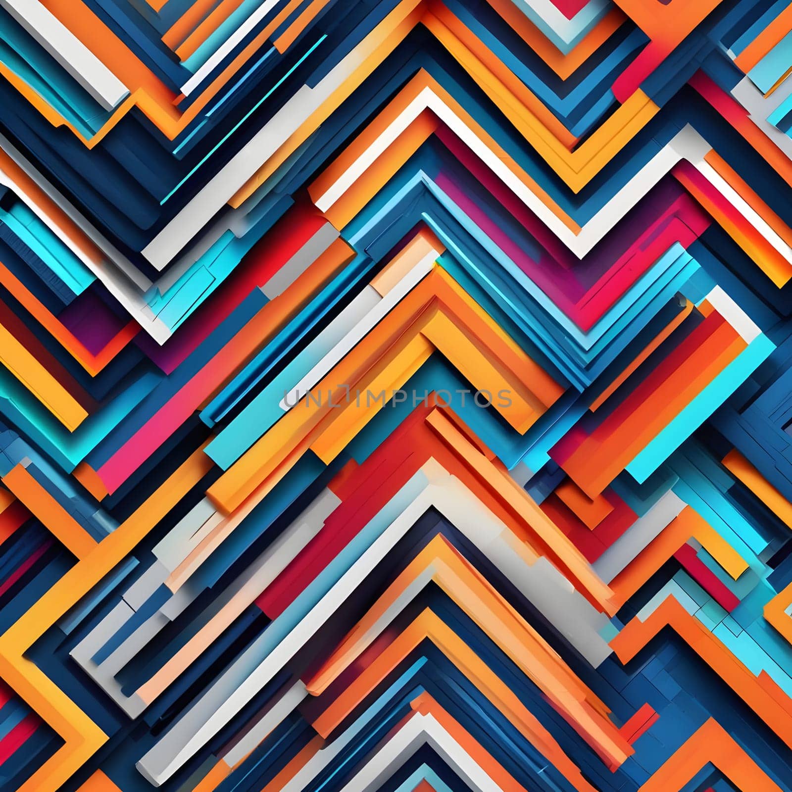 Brightly colored layers in zigzag patterns spread across a dark backdrop, showcasing an artistic arrangement of geometric forms. The design highlights a modern and dynamic style.