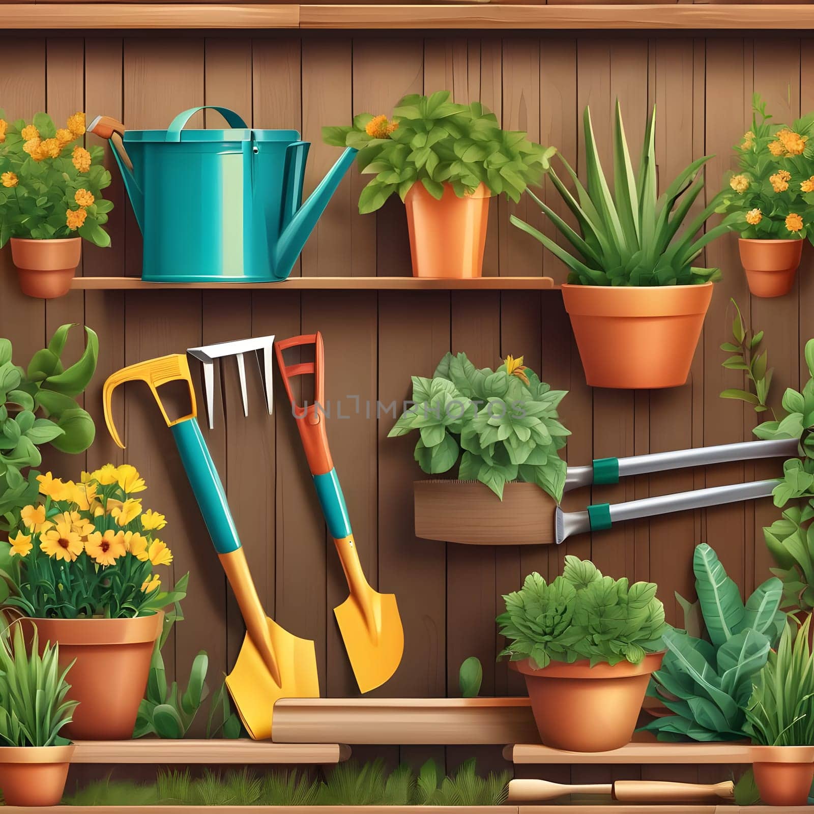 A vibrant arrangement of potted plants and gardening tools is neatly organized on wooden shelves. Various flowers and green foliage showcase a colorful gardening theme in a sunny environment.