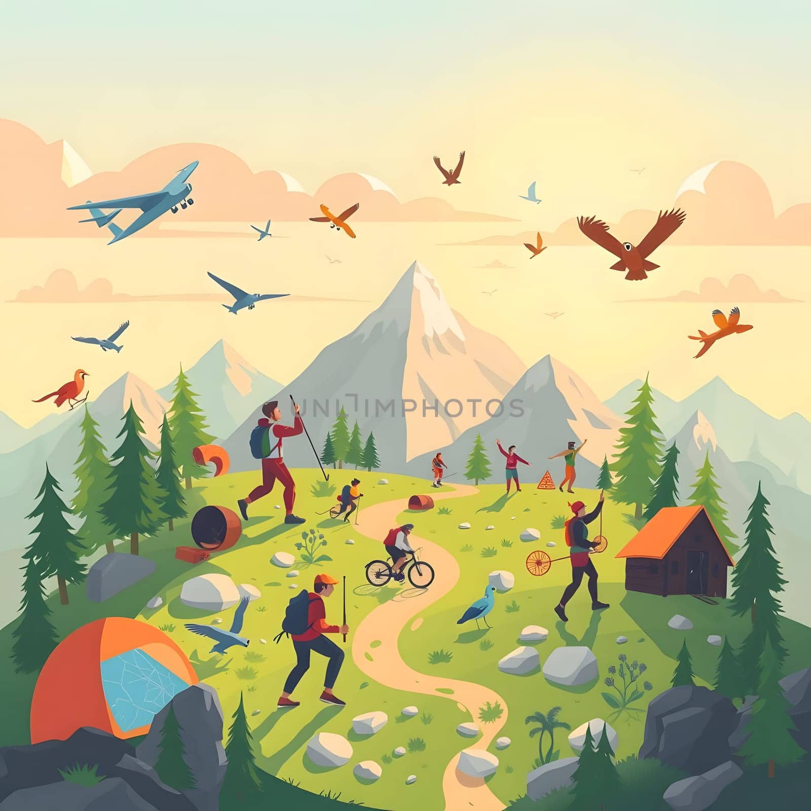 A lively group showcases diverse outdoor pursuits in a scenic mountain setting with towering peaks, lush trees, and many birds. Activities include hiking, biking, and relaxing by a campsite.