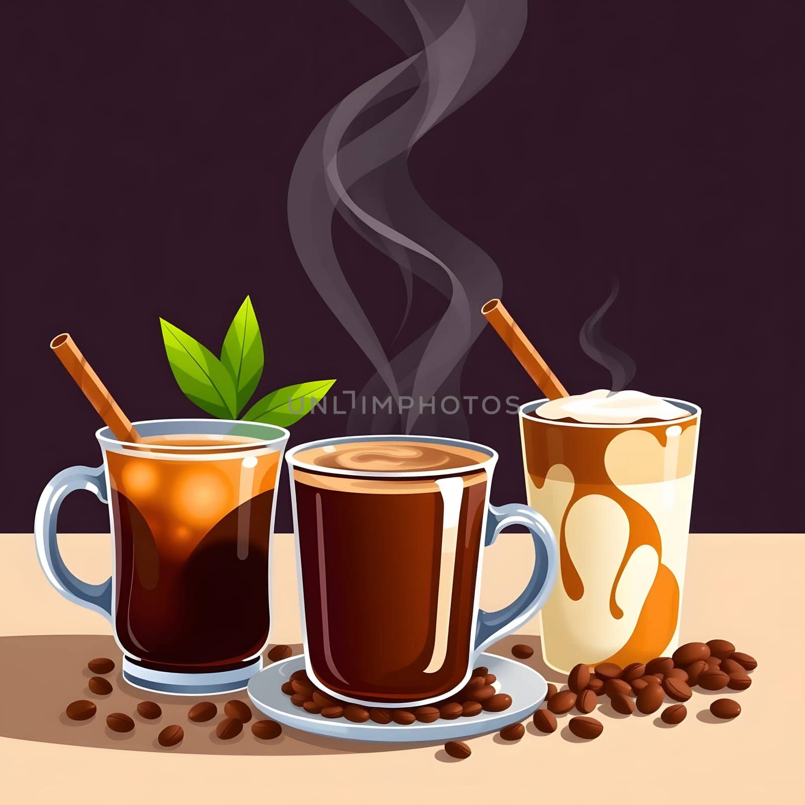 Three distinct coffee drinks are presented on a table with aromatic steam rising. Dark coffee, iced coffee, and a creamy latte are garnished with cinnamon and a leaf, creating an enticing invitation.