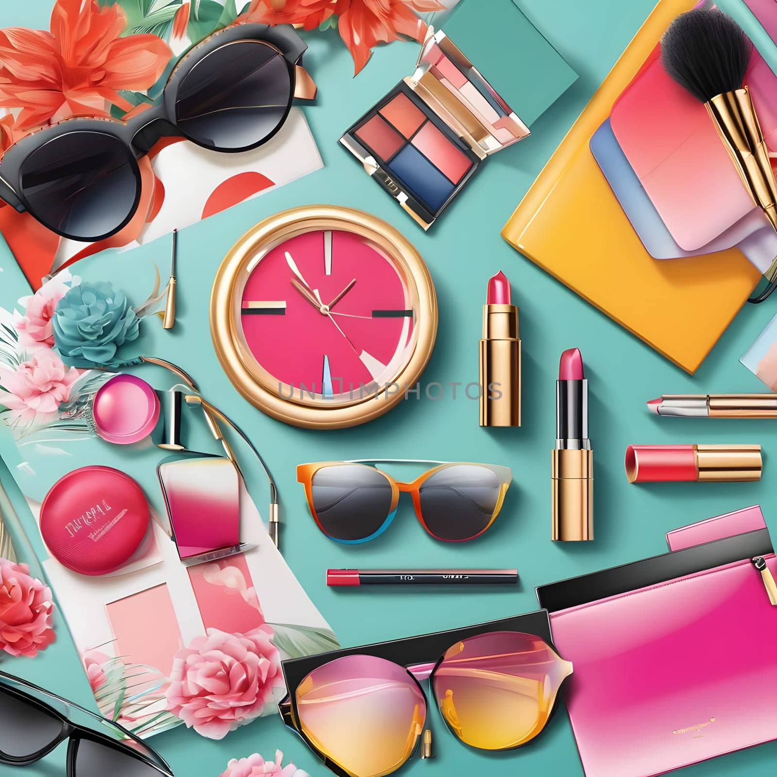 A vibrant collection of cosmetics and accessories sprawled out, featuring lipsticks, sunglasses, and a colorful clock, all carefully placed on a bright, teal background.