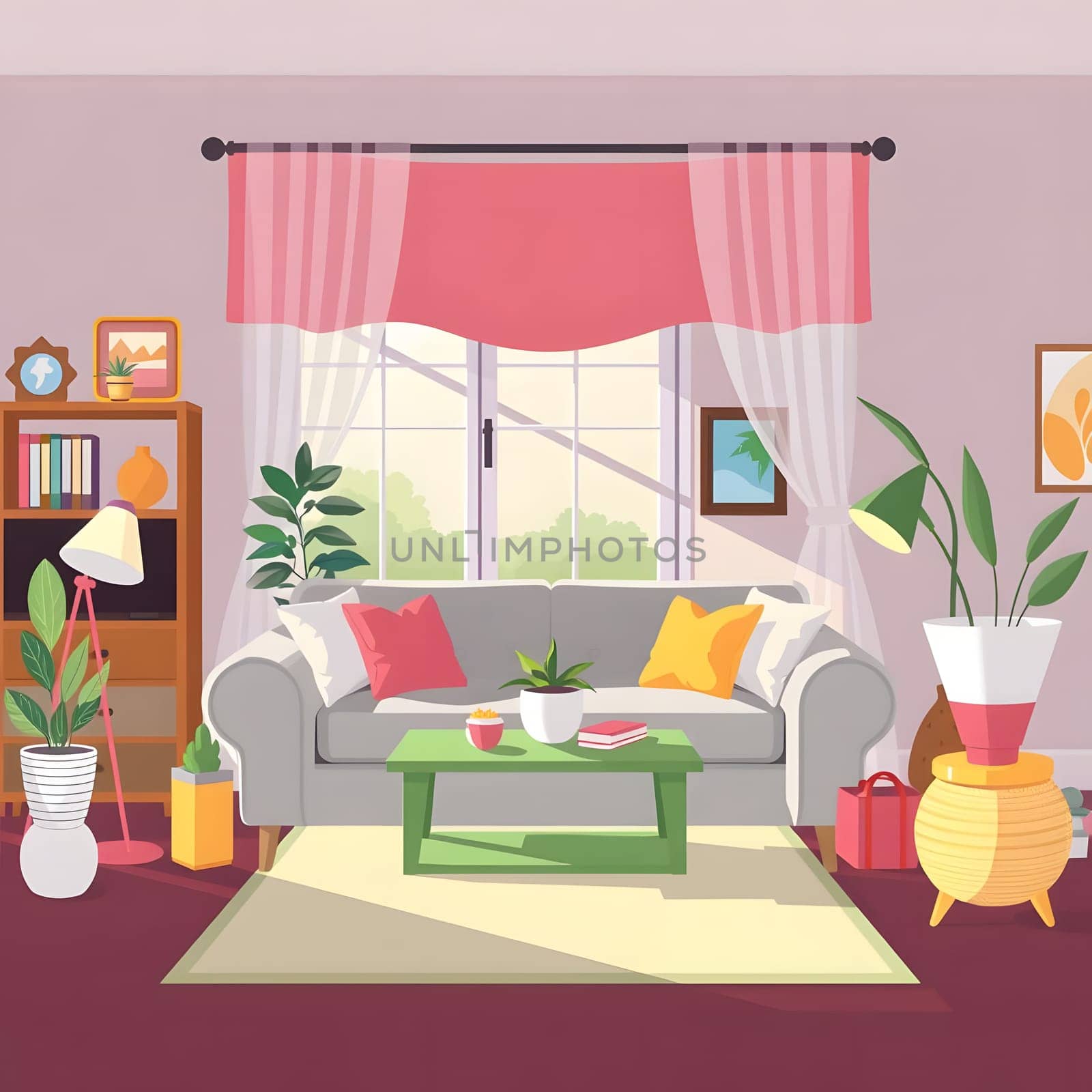 The living room features a comfortable gray couch adorned with vibrant cushions, surrounded by potted plants and colorful decorations, creating a welcoming and cheerful atmosphere during the day.