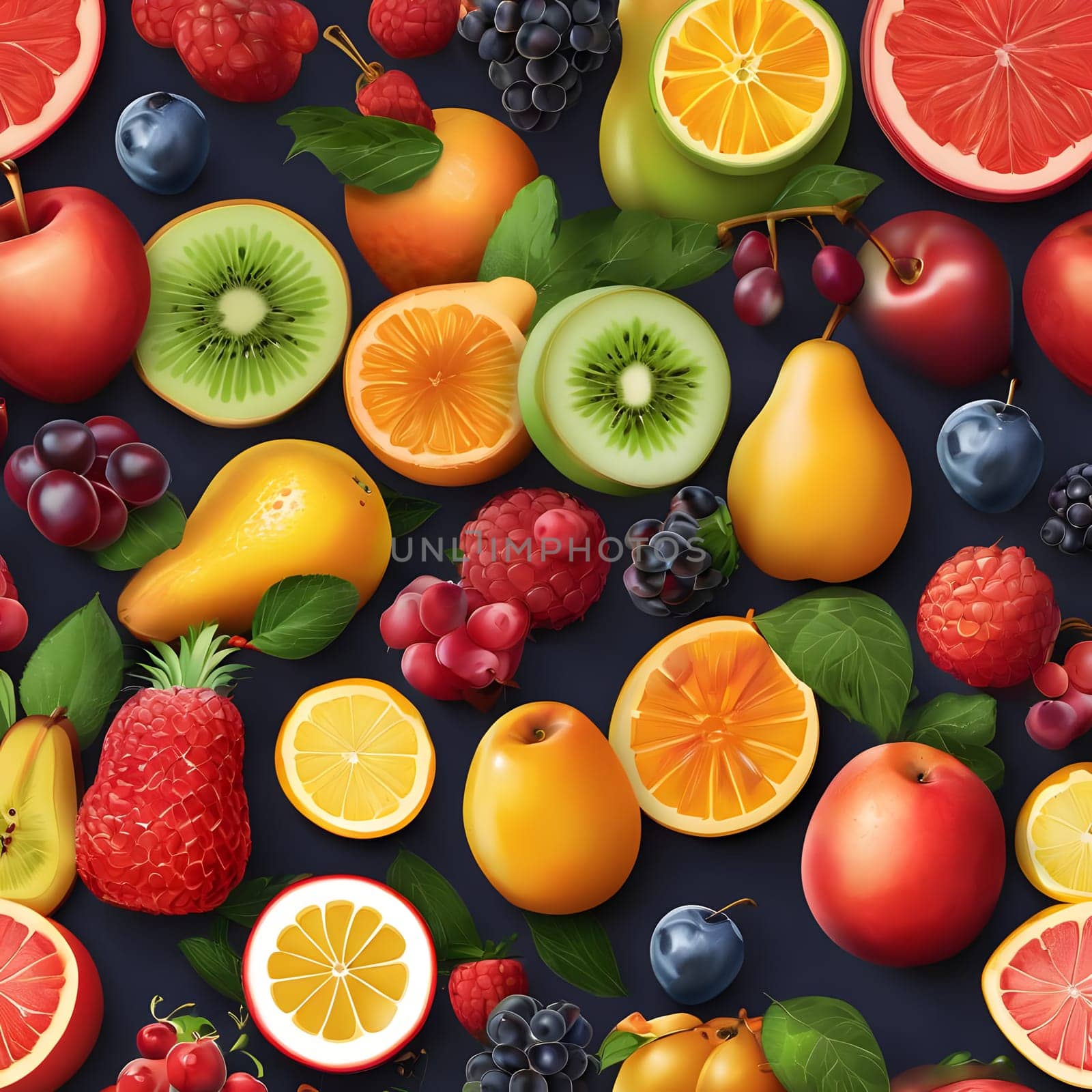 A vibrant collection of assorted fruits including oranges, apples, grapes, and berries is beautifully displayed on a dark background, showcasing their rich colors and textures.